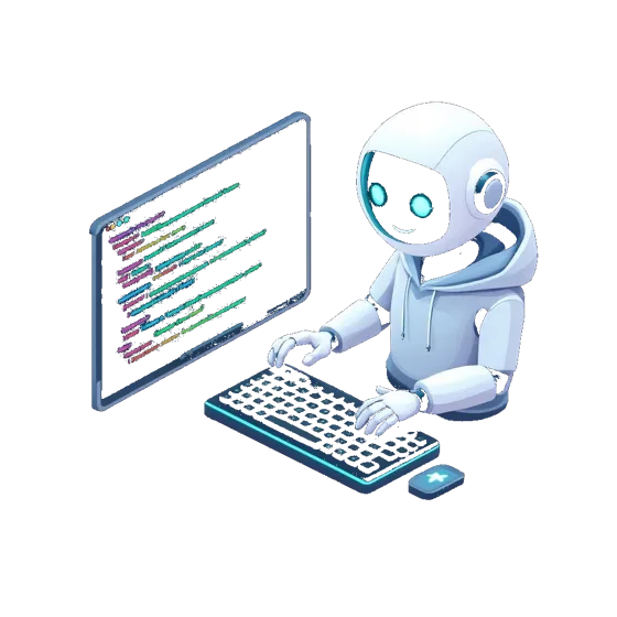 A small robot agent typing code at a keyboard