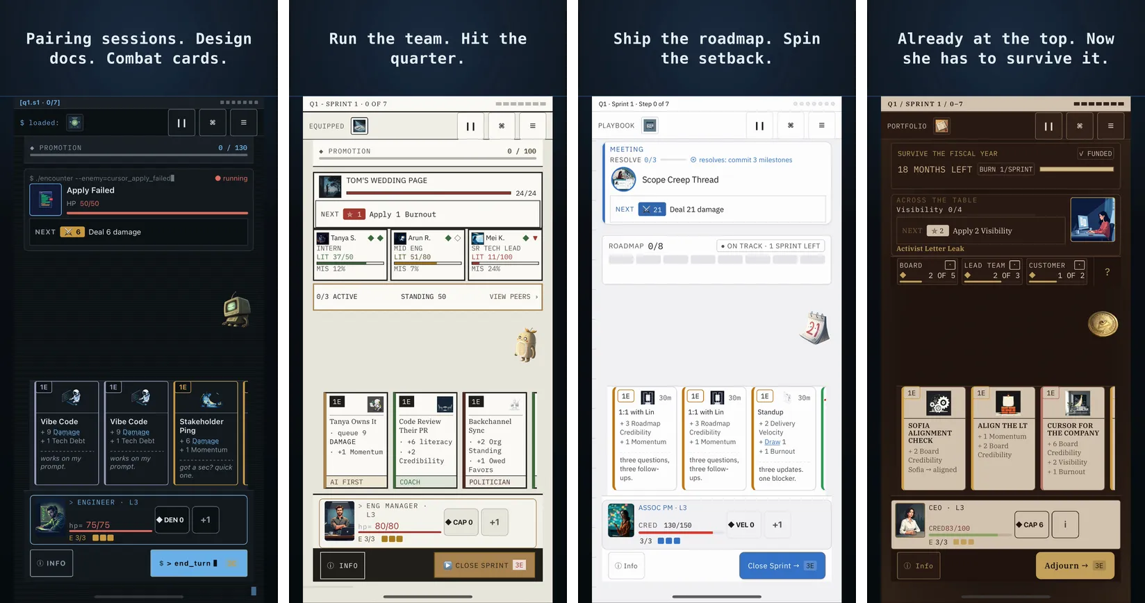 Four LADDER combat screens side by side: Engineer, Engineering Manager, Product Manager, and CEO