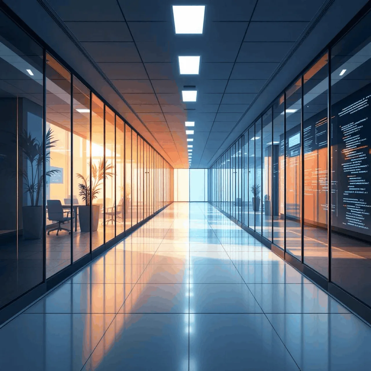 A long glass-walled office corridor receding toward warm light
