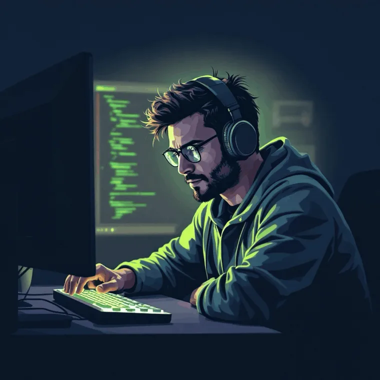 The Engineer at a desk lit by terminal-green code