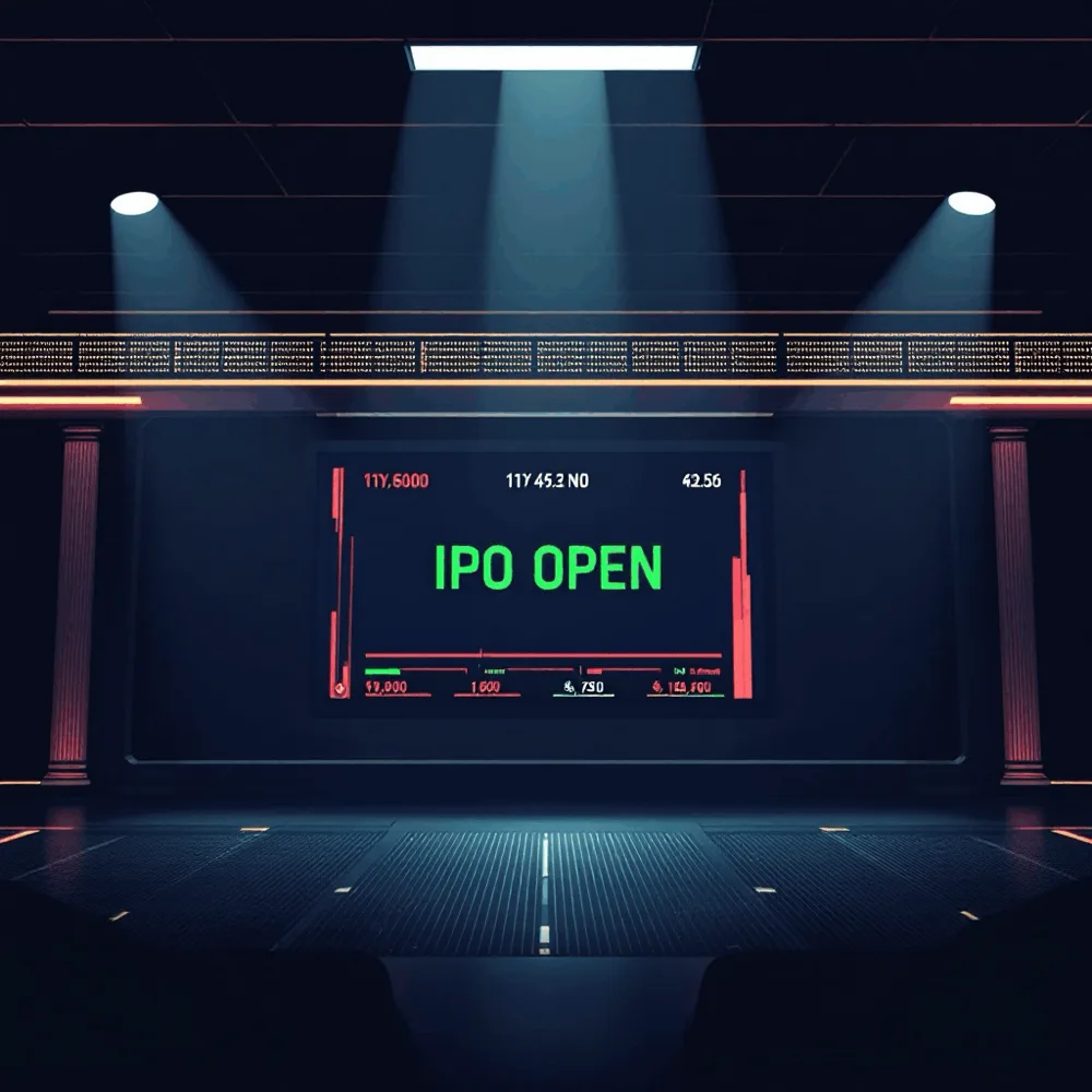 An arena screen reading IPO OPEN in green under spotlights