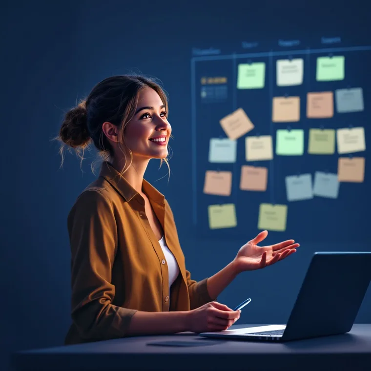 The Product Manager mid-pitch, palm open toward a wall of floating sticky notes