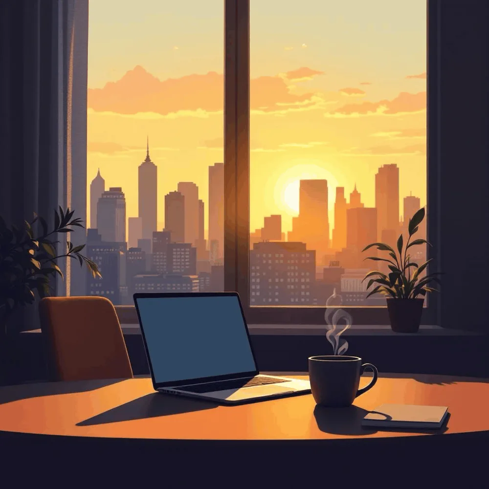 A desk by a window at golden hour over a city skyline